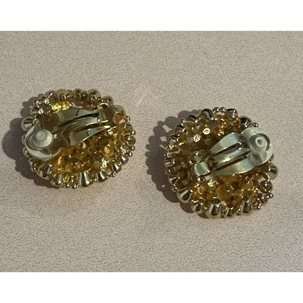 Swan Signed Swarovski Gold & Crystal Round Clip On Earrings